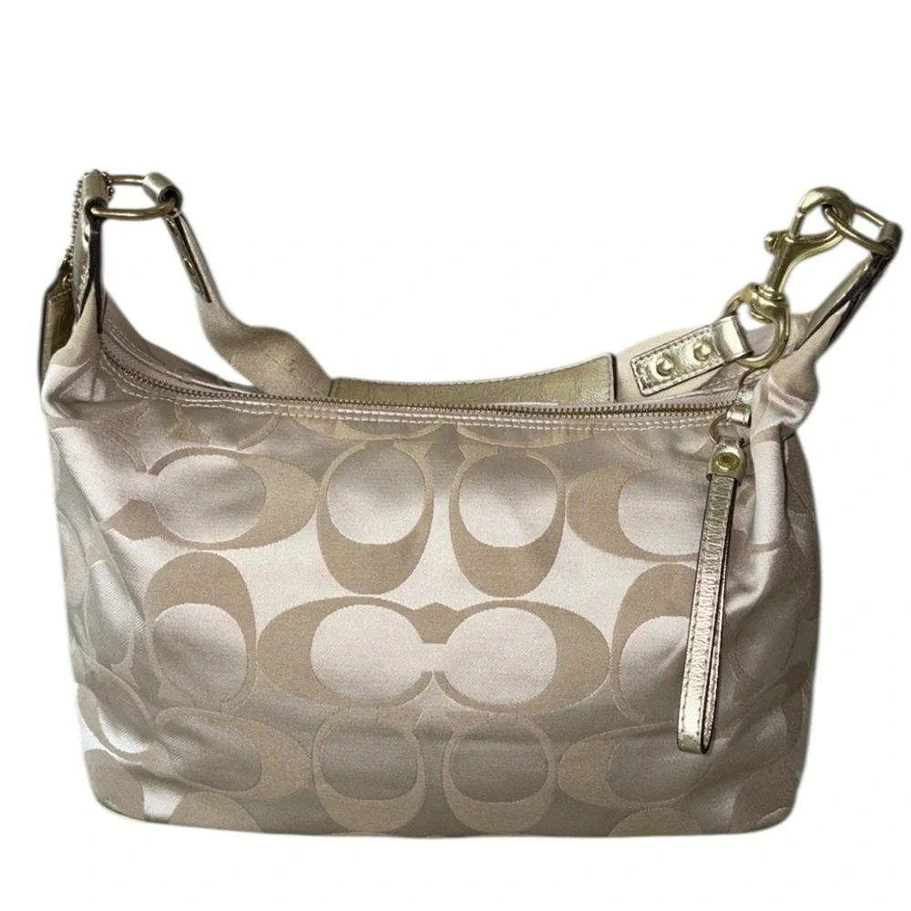 COACH Poppy Khaki Sateen Logo Multicolor Applique Shoulder Hobo Bag - F17586